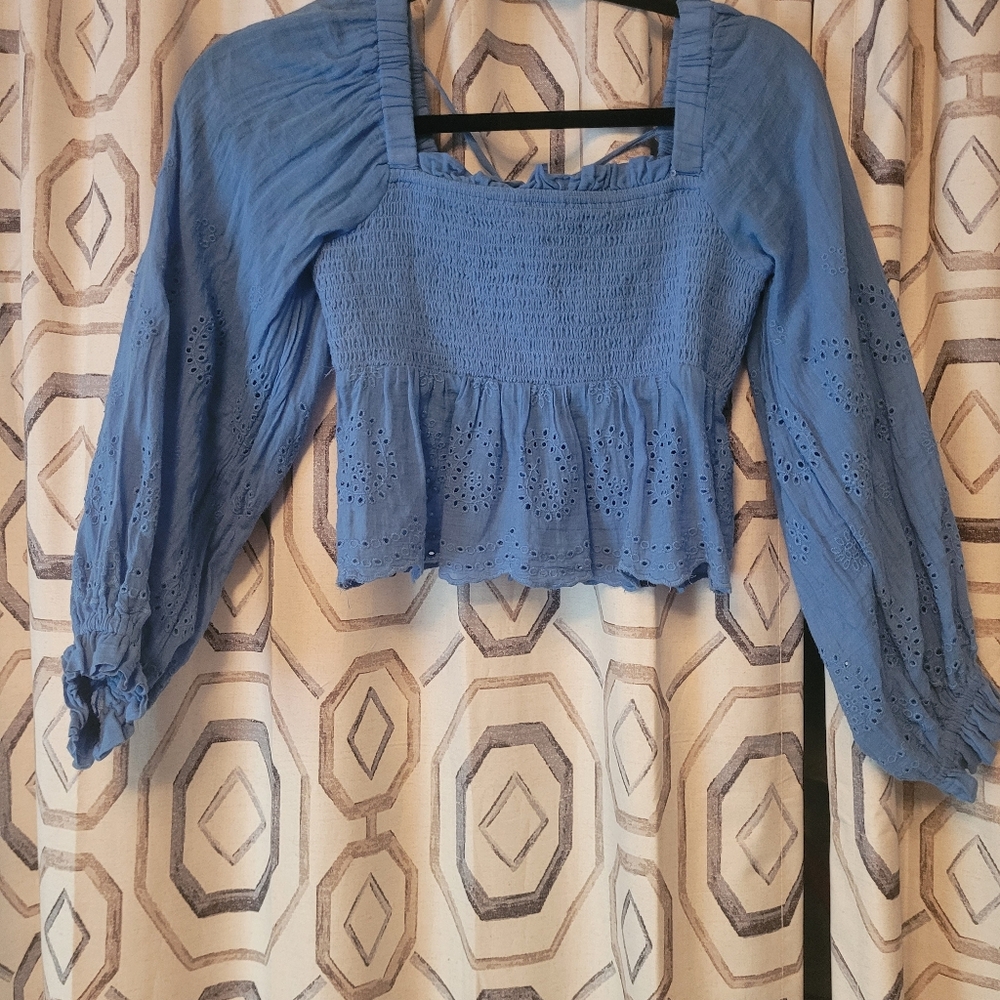 American Eagle Outfitters Blue Puff Sleeve Smocked Peplum Blouse